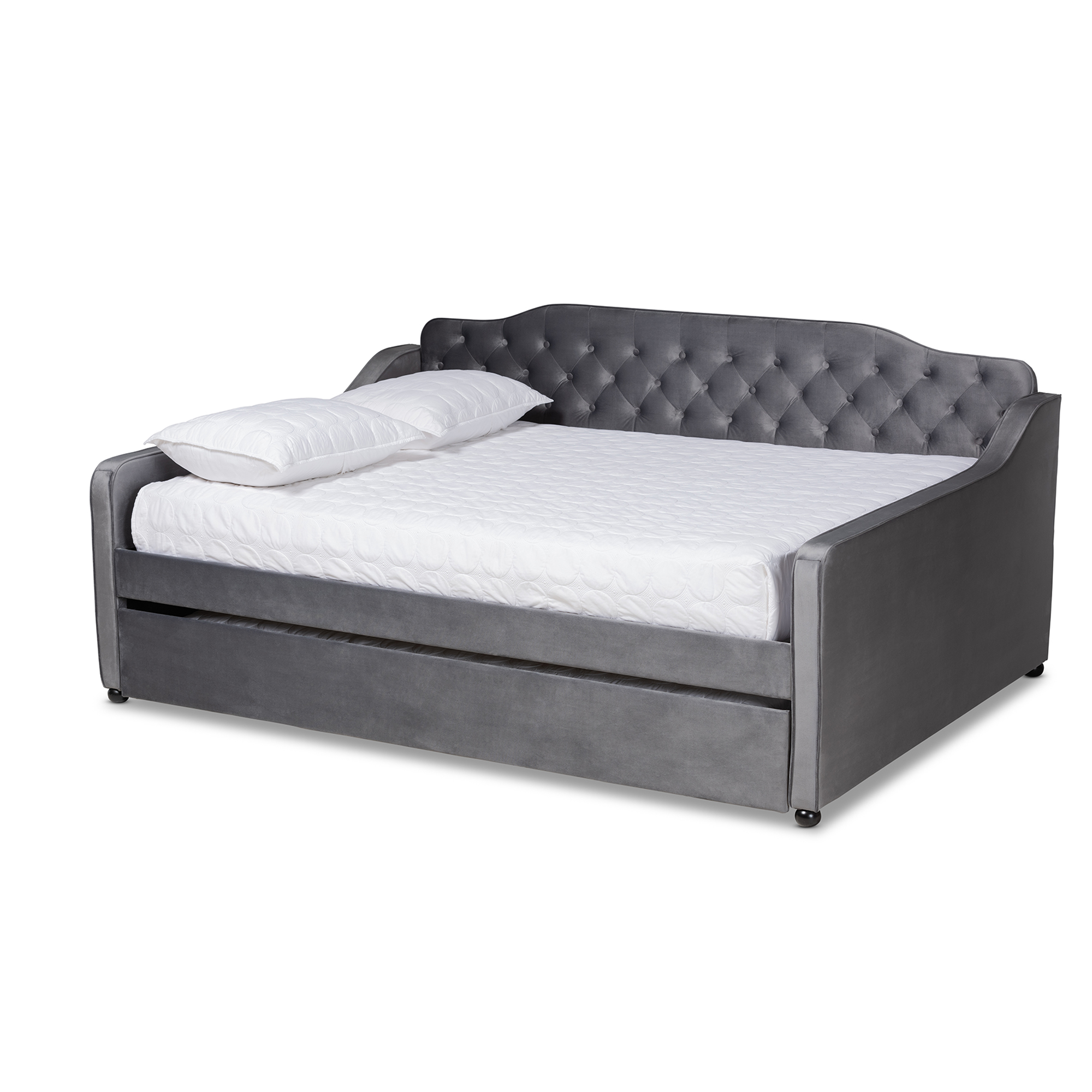 Baxton Studio Freda Transitional and Contemporary Grey Velvet Fabric Upholstered and Button Tufted Queen Size Daybed with Trundle